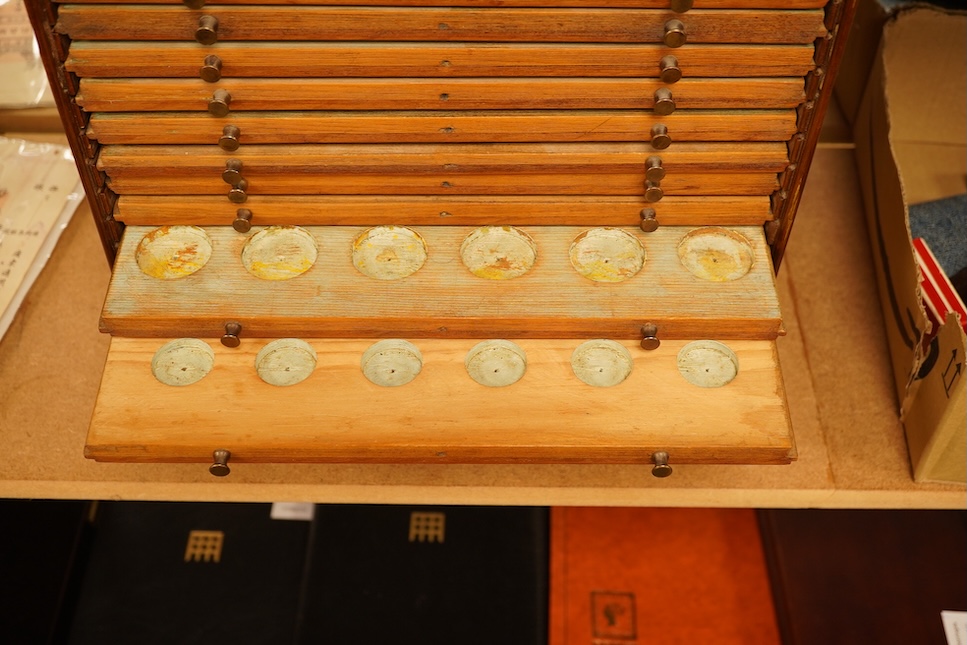 A Victorian satin birch coin collector's cabinet, front panel lacking